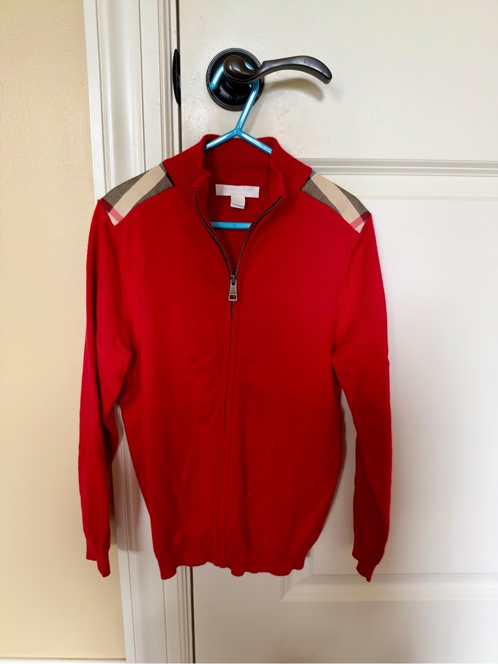 Burberry Kids Red Full Zip Sweater Nova Check Shoulders Youth 8